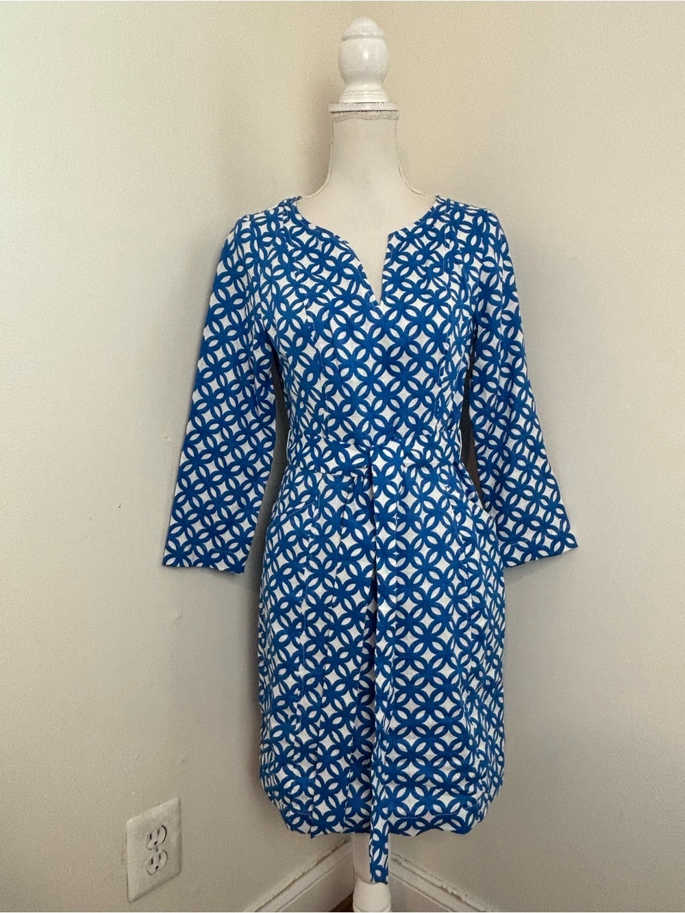 Boden Blue and White Linen Geometric Midi Dress Size 2R